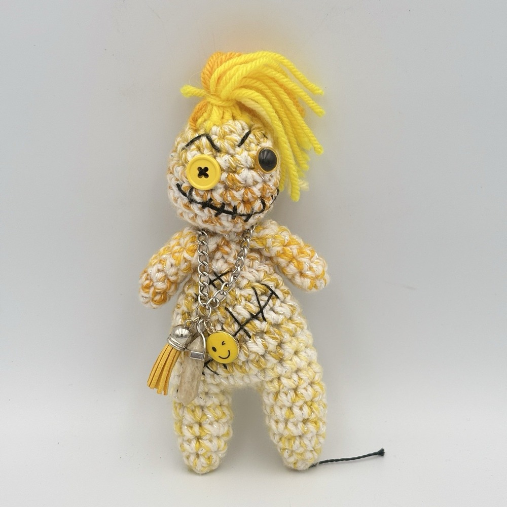 Handmade Doll Knit Crochet Yarn 7" W/ Charms Yellow Orange Voodoo Creepy Cute